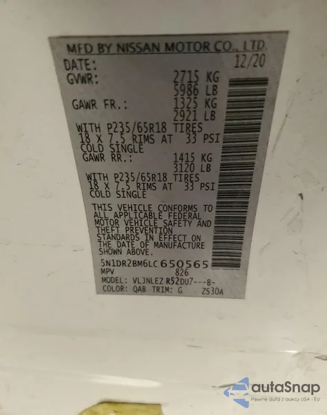 2020 Nissan Pathfinder Sv z USA, uszkodzony, nr VIN 5N1DR2BM6LC650565